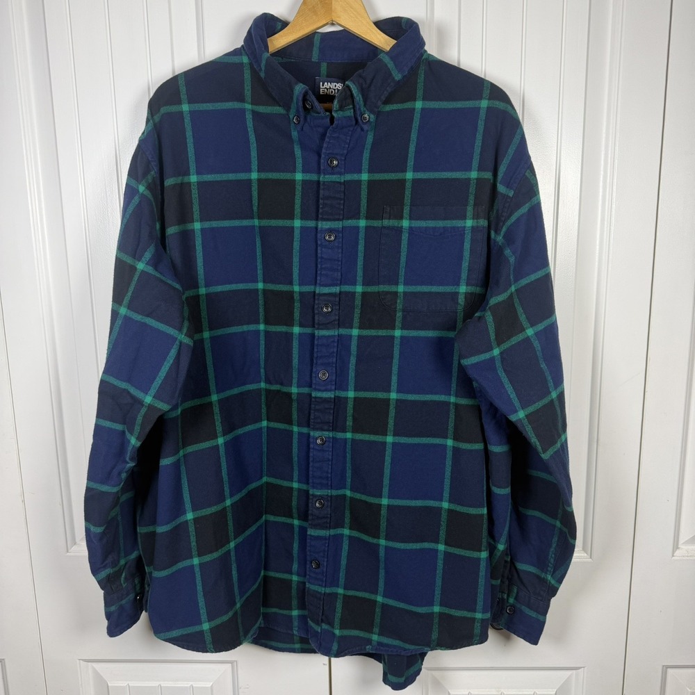 Lands' End Mens Flannel Shirt L Button Up Long Sleeve Blue Green Plaid Tradition
